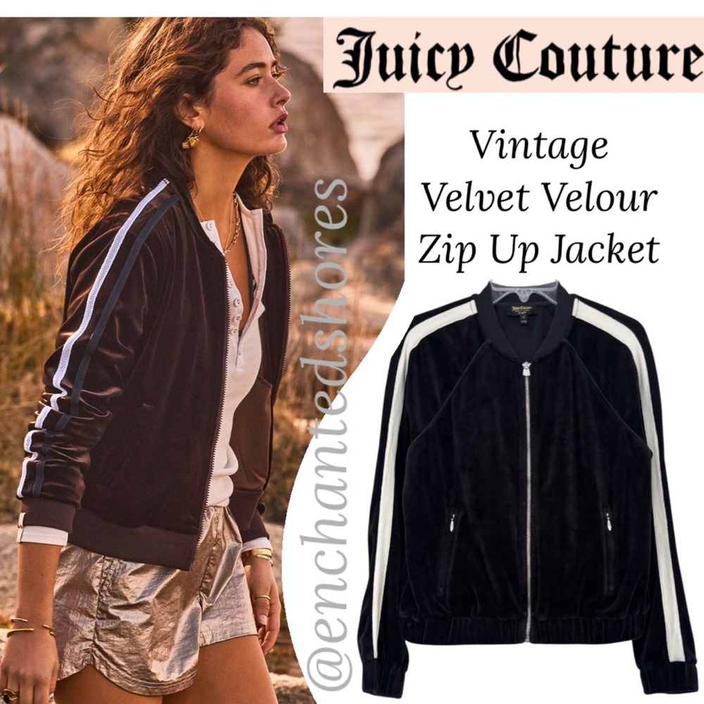 Juicy Couture Track Jacket Vintage Velour Black Off White Ivory 90s Y2K Sz Small